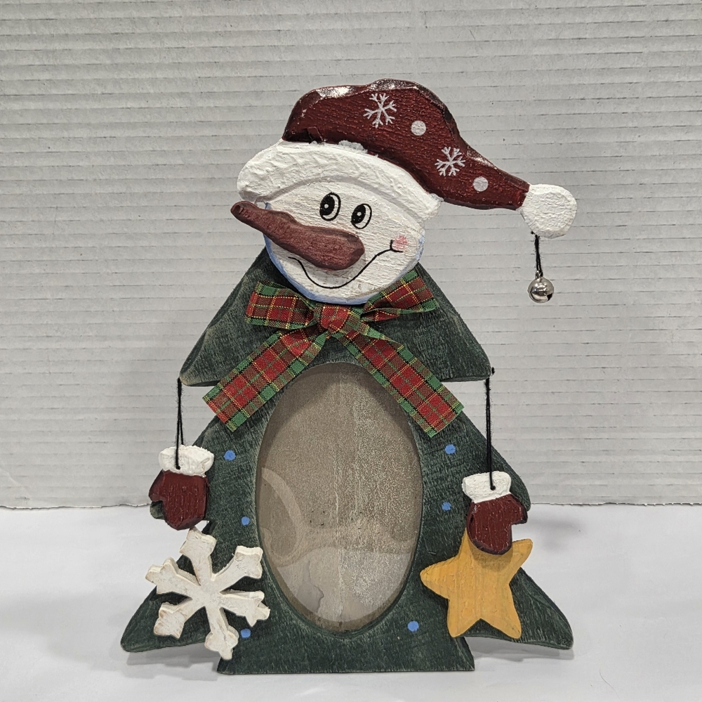 Vintage Wood Hand Painted Christmas Tree Snowman Picture Frame